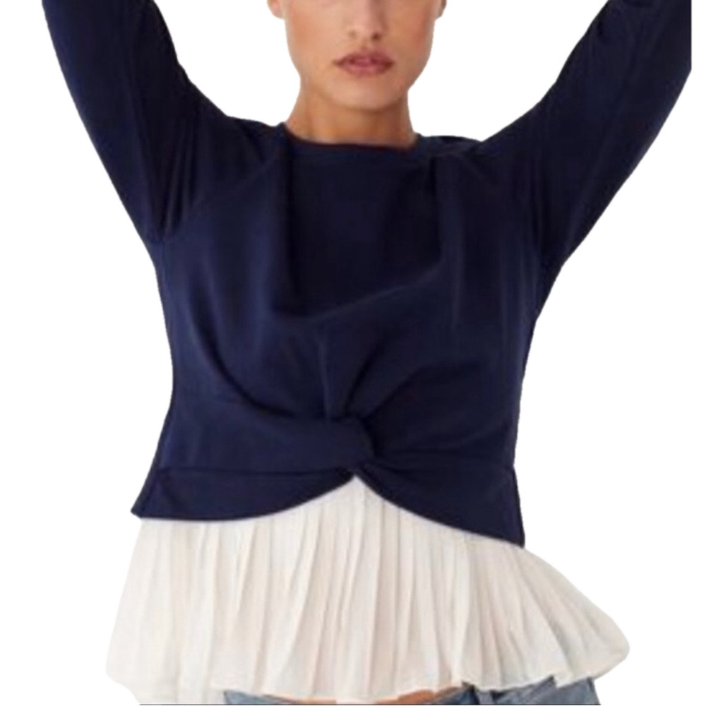 Lea & Viola Navy and White Pleated Peplum Sweatshirt Size Medium